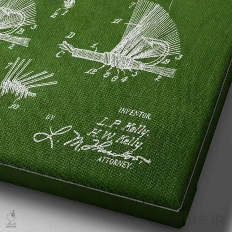 تابلو نقشهٔ حقامتیاز قلاب فلای (ماهیگیری) سبز اثر پیکسل کهنه (استودیو/نام هنری) - نمای نزدیک بافت بوم