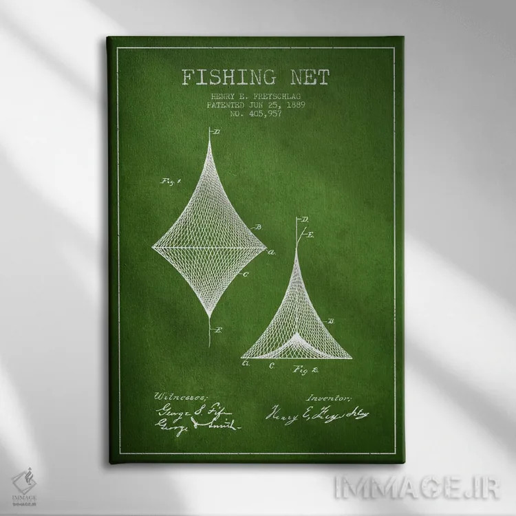 تابلو نقشهٔ ثبت اختراع تور ماهیگیری سبز اثر پیکسل کهنه (استودیو/نام هنری) - نمای روبهرو روی دیوار