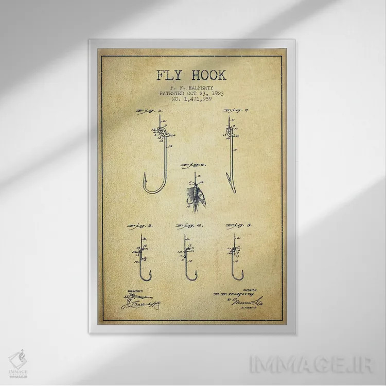 تابلو نقشهٔ حقامتیاز قلاب فلای (ماهیگیری) کلاسیک اثر پیکسل کهنه (استودیو/نام هنری) - نمای قابدار سفید