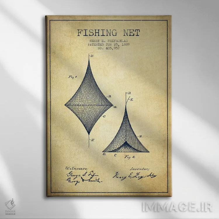 تابلو نقشهٔ ثبت اختراع تور ماهیگیری قدیمی اثر پیکسل کهنه (استودیو/نام هنری) - نمای روبهرو روی دیوار