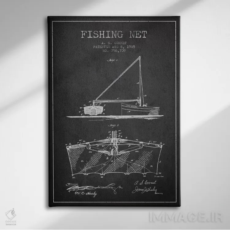 تابلو نقشهٔ ثبت اختراع تور ماهیگیری ذغالی اثر پیکسل کهنه (استودیو/نام هنری) - نمای روبهرو روی دیوار
