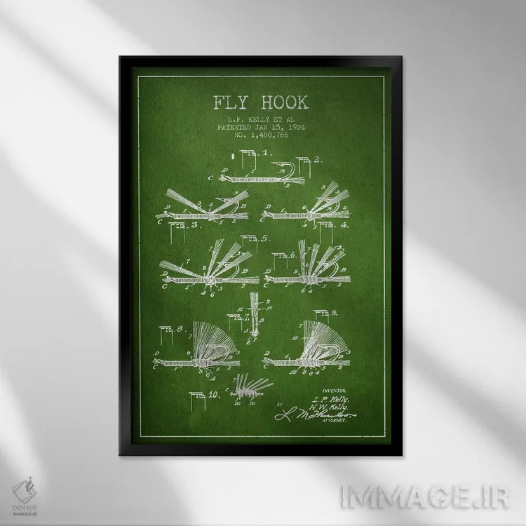 تابلو نقشهٔ حقامتیاز قلاب فلای (ماهیگیری) سبز اثر پیکسل کهنه (استودیو/نام هنری) - نمای قابدار مشکی