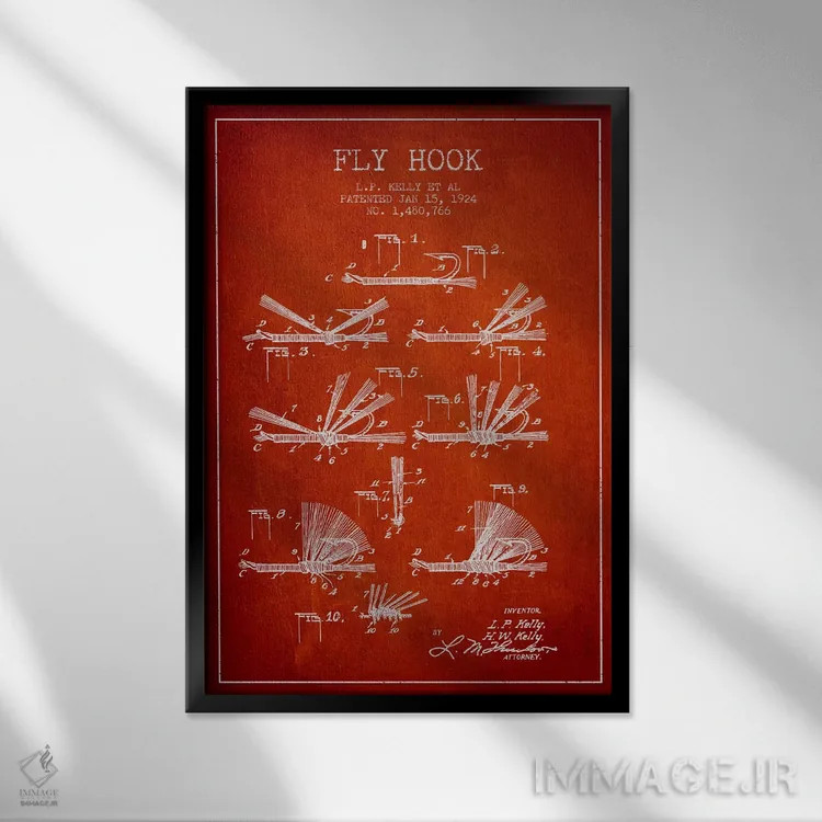 تابلو نقشهٔ حقامتیاز قلاب فلای (ماهیگیری) قرمز اثر پیکسل کهنه (استودیو/نام هنری) - نمای قابدار مشکی