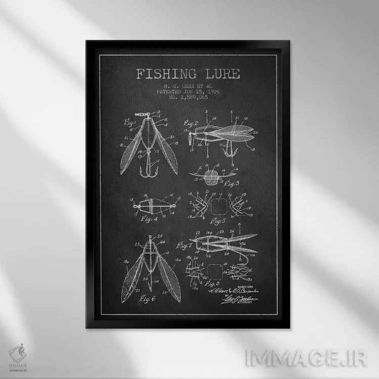 تابلو نقشهٔ حقامتیاز طعمهٔ مصنوعی ماهیگیری زغالسنگی اثر پیکسل کهنه (استودیو/نام هنری) - نمای قابدار مشکی