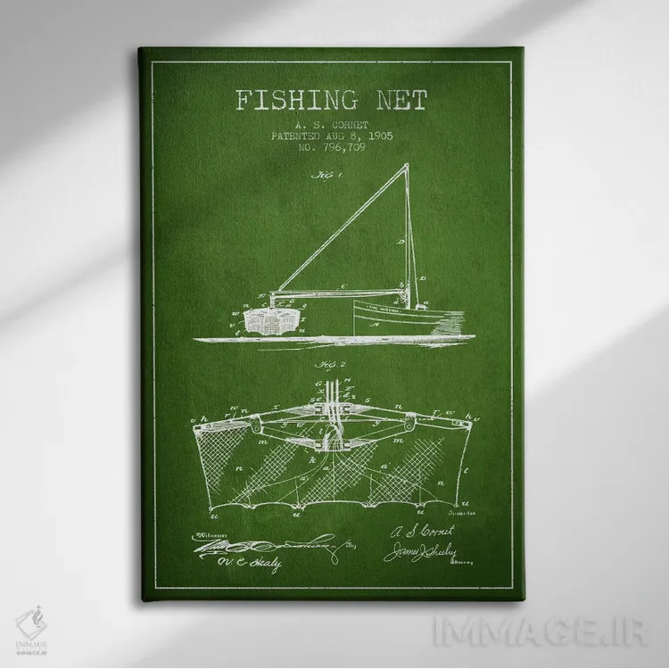 تابلو نقشهٔ ثبت اختراع تور ماهیگیری سبز اثر پیکسل کهنه (استودیو/نام هنری) - نمای روبهرو روی دیوار