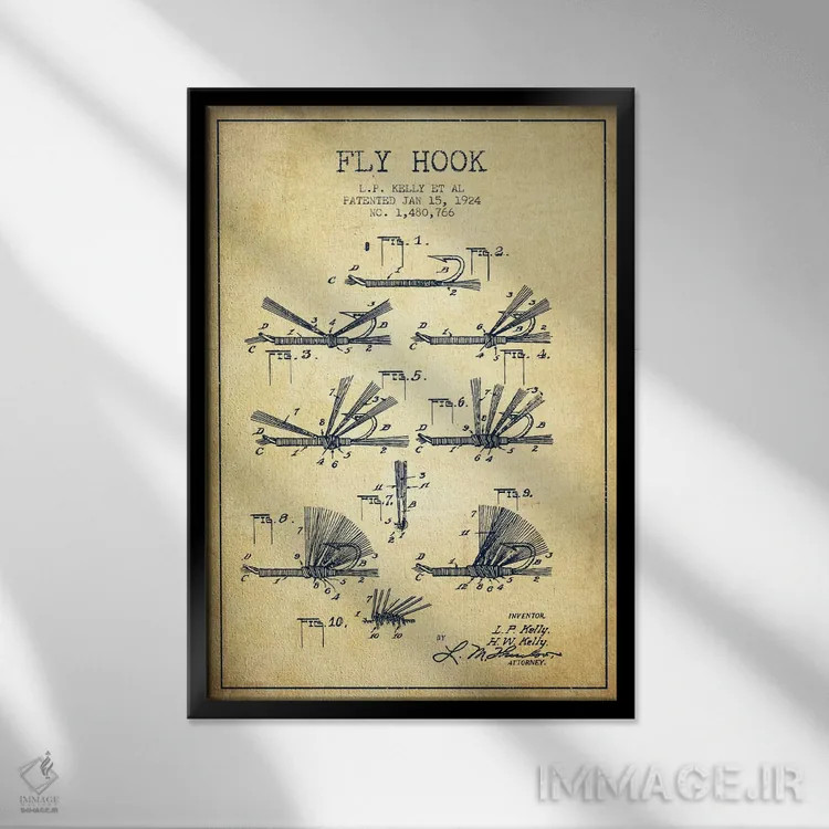 تابلو نقشهٔ حقامتیاز قلاب فلای (ماهیگیری) کلاسیک اثر پیکسل کهنه (استودیو/نام هنری) - نمای قابدار مشکی