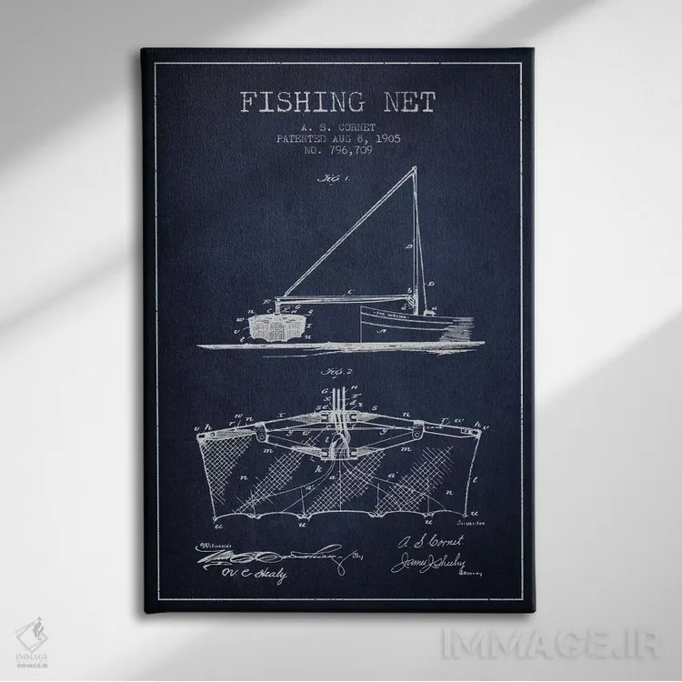 تابلو نقشهٔ ثبت اختراع تور ماهیگیری سرمهای اثر پیکسل کهنه (استودیو/نام هنری) - نمای روبهرو روی دیوار