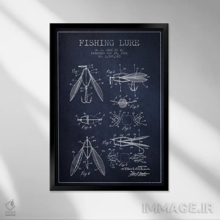 تابلو نقشهٔ حقامتیاز طعمهٔ مصنوعی ماهیگیری سرمهای اثر پیکسل کهنه (استودیو/نام هنری) - نمای قابدار مشکی