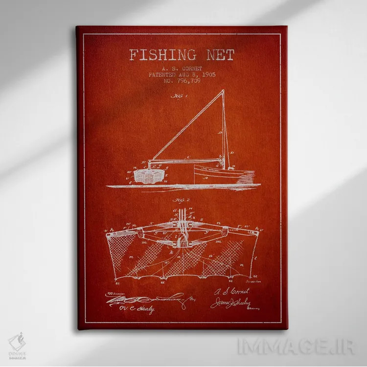 تابلو نقشهٔ ثبت اختراع تور ماهیگیری قرمز اثر پیکسل کهنه (استودیو/نام هنری) - نمای روبهرو روی دیوار