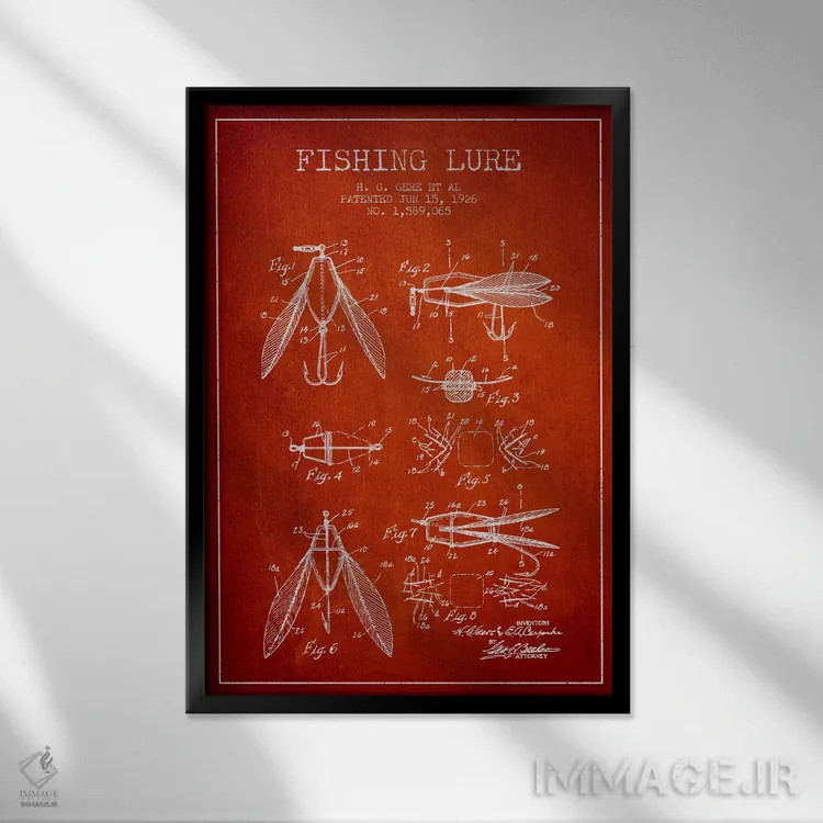 تابلو نقشهٔ حقامتیاز طعمهٔ مصنوعی ماهیگیری قرمز اثر پیکسل کهنه (استودیو/نام هنری) - نمای قابدار مشکی