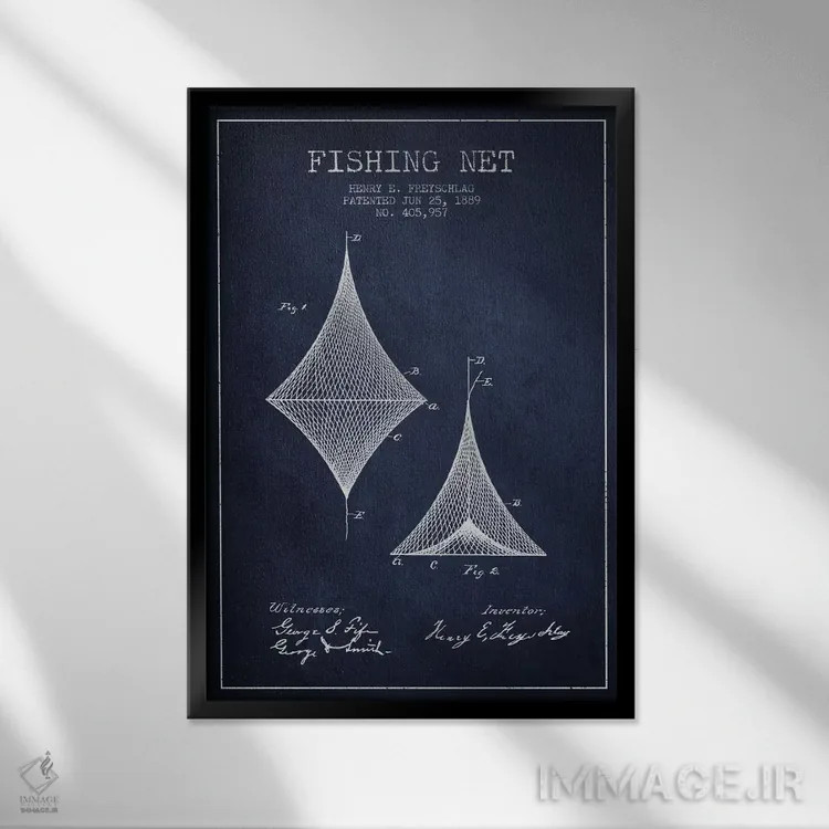 تابلو نقشهٔ ثبت اختراع تور ماهیگیری سرمهای اثر پیکسل کهنه (استودیو/نام هنری) - نمای قابدار مشکی