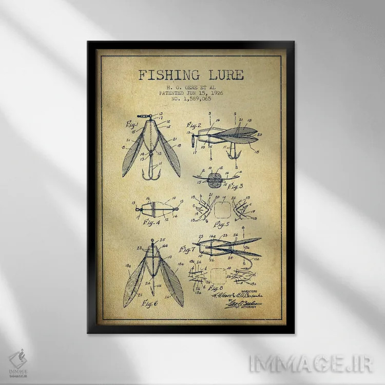 تابلو نقشهٔ حقامتیاز طعمهٔ مصنوعی ماهیگیری کلاسیک اثر پیکسل کهنه (استودیو/نام هنری) - نمای قابدار مشکی