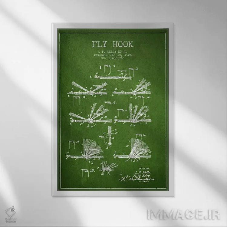 تابلو نقشهٔ حقامتیاز قلاب فلای (ماهیگیری) سبز اثر پیکسل کهنه (استودیو/نام هنری) - نمای قابدار سفید