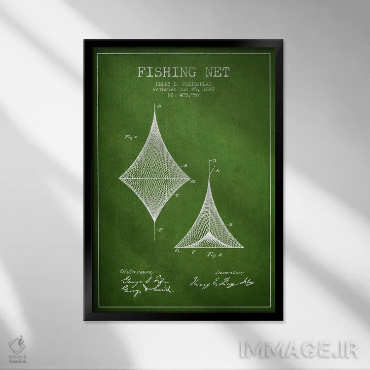 تابلو نقشهٔ ثبت اختراع تور ماهیگیری سبز اثر پیکسل کهنه (استودیو/نام هنری) - نمای قابدار مشکی