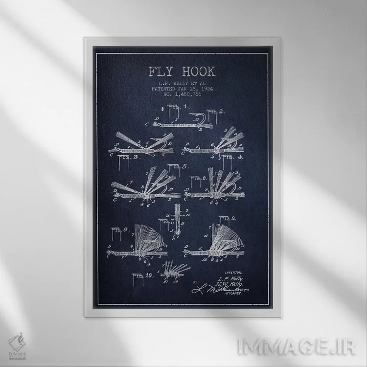 تابلو نقشهٔ حقامتیاز قلاب فلای (ماهیگیری) سرمهای اثر پیکسل کهنه (استودیو/نام هنری) - نمای قابدار سفید