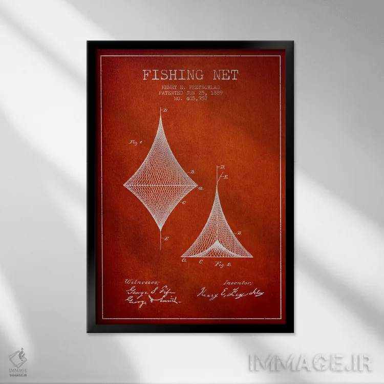 تابلو نقشهٔ ثبت اختراع تور ماهیگیری قرمز اثر پیکسل کهنه (استودیو/نام هنری) - نمای قابدار مشکی