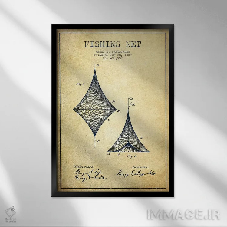 تابلو نقشهٔ ثبت اختراع تور ماهیگیری قدیمی اثر پیکسل کهنه (استودیو/نام هنری) - نمای قابدار مشکی