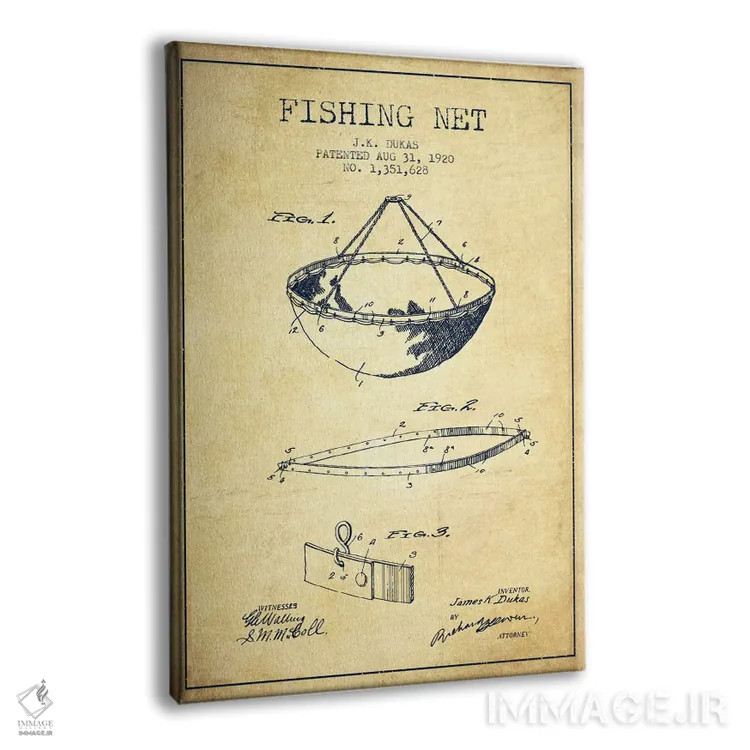 تابلو نقشهٔ ثبت اختراع تور ماهیگیری قدیمی اثر پیکسل کهنه (استودیو/نام هنری) - نمای پرسپکتیو محصول