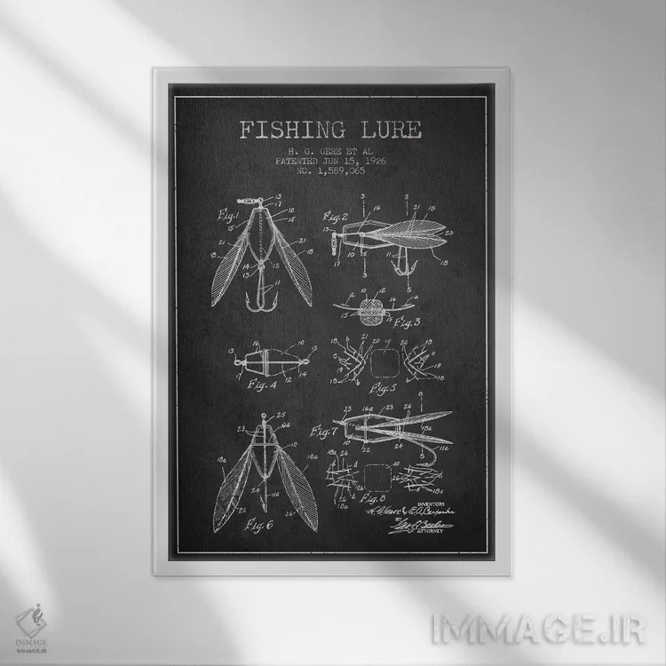 تابلو نقشهٔ حقامتیاز طعمهٔ مصنوعی ماهیگیری زغالسنگی اثر پیکسل کهنه (استودیو/نام هنری) - نمای قابدار سفید