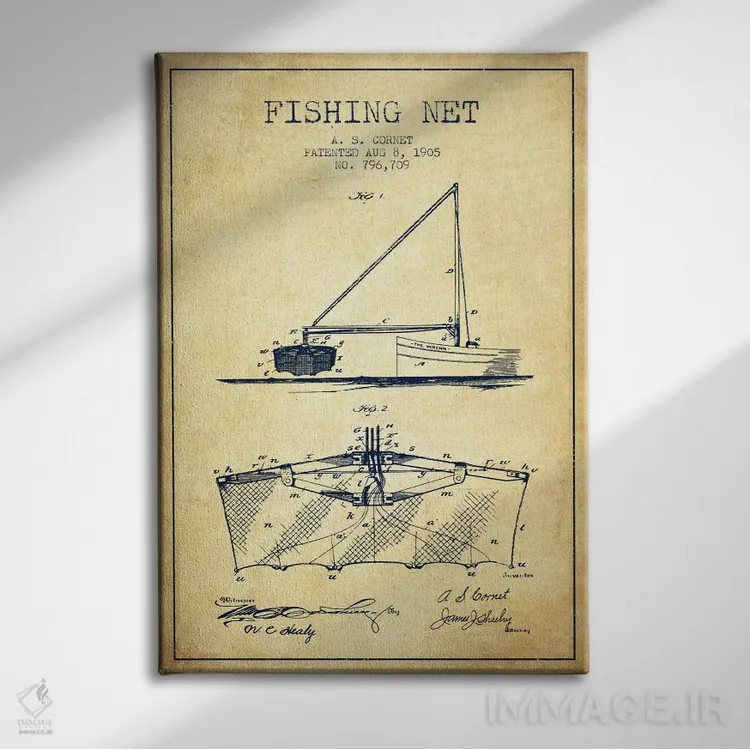 تابلو نقشهٔ ثبت اختراع تور ماهیگیری قدیمی اثر پیکسل کهنه (استودیو/نام هنری) - نمای روبهرو روی دیوار