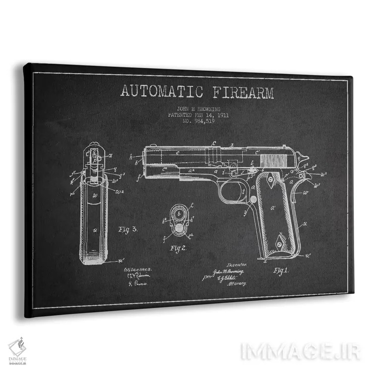 تابلو نقشهٔ ثبت اختراع سلاح خودکار ذغالی اثر پیکسل کهنه (استودیو/نام هنری) - نمای پرسپکتیو محصول