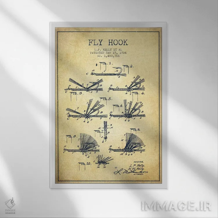 تابلو نقشهٔ حقامتیاز قلاب فلای (ماهیگیری) کلاسیک اثر پیکسل کهنه (استودیو/نام هنری) - نمای قابدار سفید