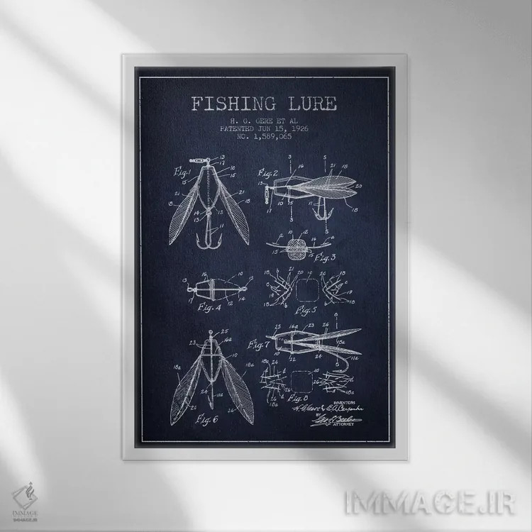 تابلو نقشهٔ حقامتیاز طعمهٔ مصنوعی ماهیگیری سرمهای اثر پیکسل کهنه (استودیو/نام هنری) - نمای قابدار سفید