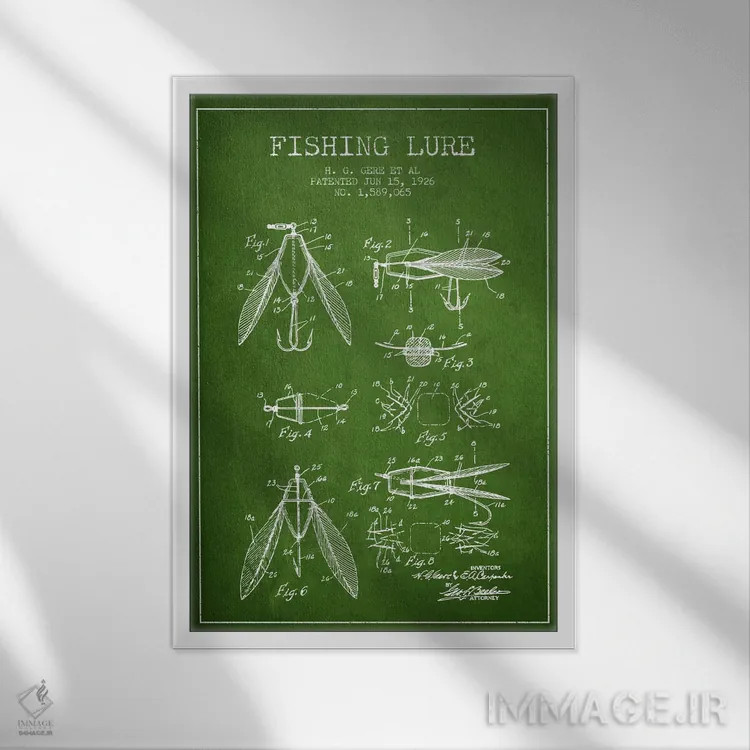 تابلو نقشهٔ حقامتیاز طعمهٔ مصنوعی ماهیگیری سبز اثر پیکسل کهنه (استودیو/نام هنری) - نمای قابدار سفید