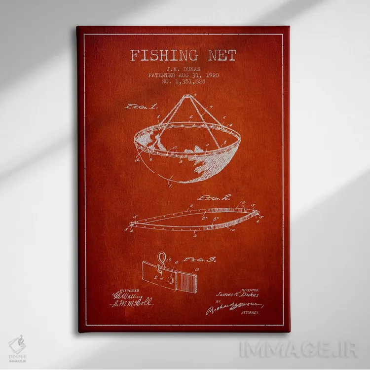 تابلو نقشهٔ ثبت اختراع تور ماهیگیری قرمز اثر پیکسل کهنه (استودیو/نام هنری) - نمای روبهرو روی دیوار