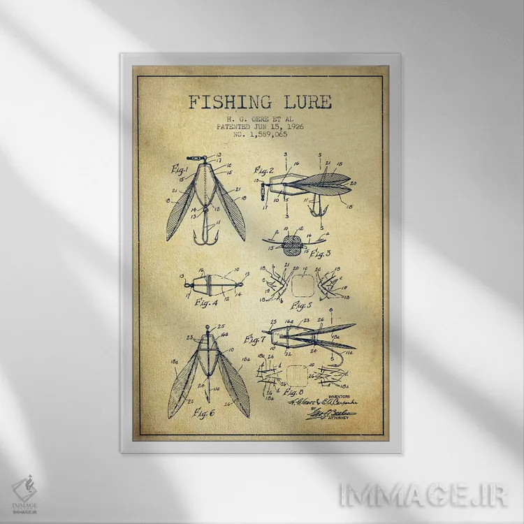 تابلو نقشهٔ حقامتیاز طعمهٔ مصنوعی ماهیگیری کلاسیک اثر پیکسل کهنه (استودیو/نام هنری) - نمای قابدار سفید