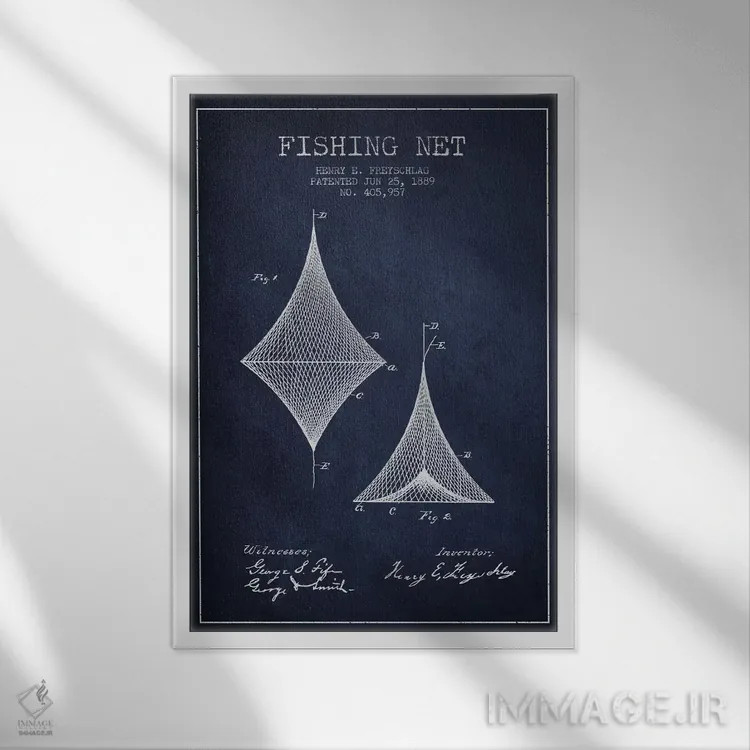 تابلو نقشهٔ ثبت اختراع تور ماهیگیری سرمهای اثر پیکسل کهنه (استودیو/نام هنری) - نمای قابدار سفید