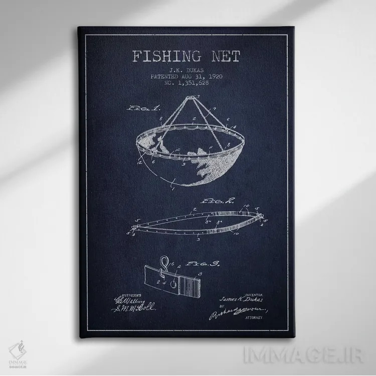 تابلو نقشهٔ ثبت اختراع تور ماهیگیری سرمهای اثر پیکسل کهنه (استودیو/نام هنری) - نمای روبهرو روی دیوار