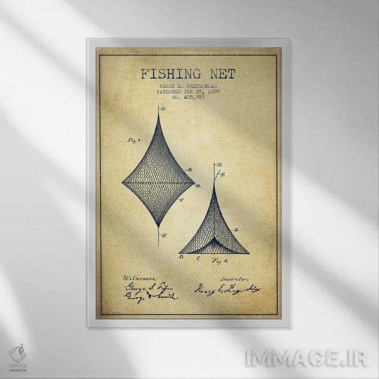 تابلو نقشهٔ ثبت اختراع تور ماهیگیری قدیمی اثر پیکسل کهنه (استودیو/نام هنری) - نمای قابدار سفید