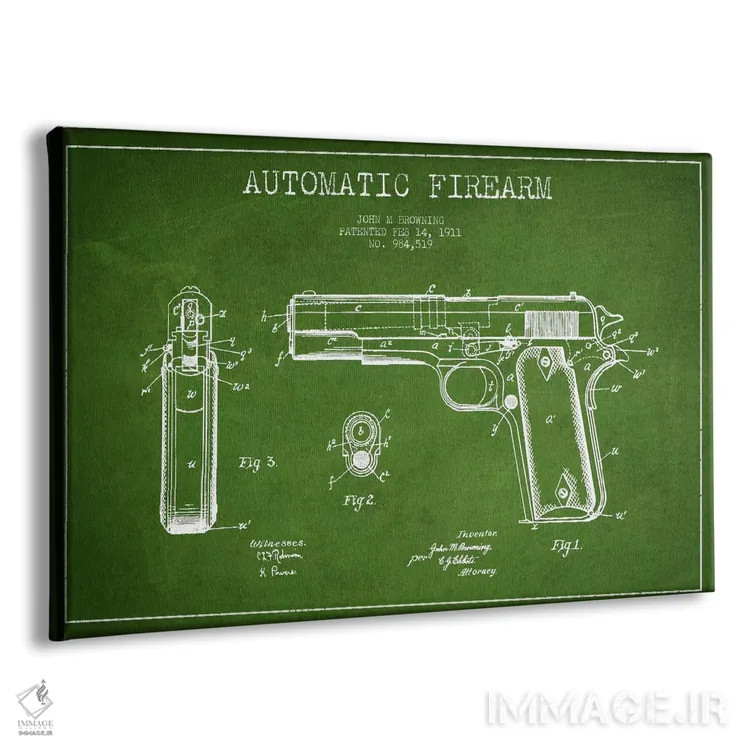 تابلو نقشهٔ ثبت اختراع سلاح خودکار سبز اثر پیکسل کهنه (استودیو/نام هنری) - نمای پرسپکتیو محصول