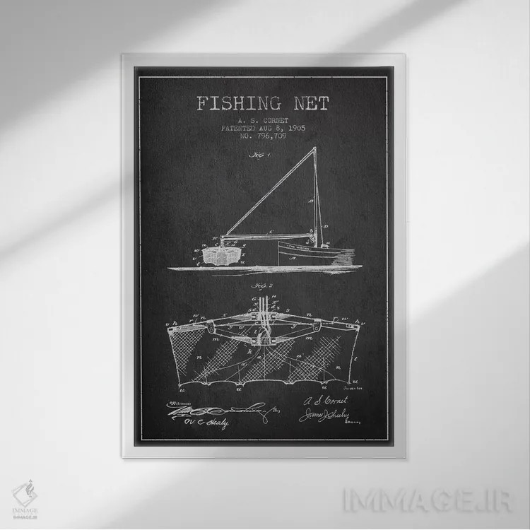 تابلو نقشهٔ ثبت اختراع تور ماهیگیری ذغالی اثر پیکسل کهنه (استودیو/نام هنری) - نمای قابدار سفید