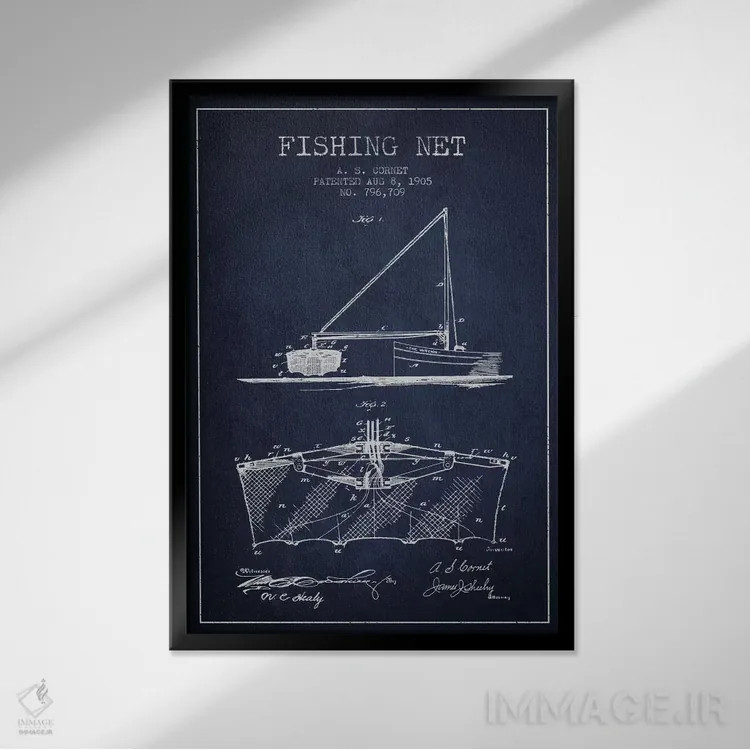 تابلو نقشهٔ ثبت اختراع تور ماهیگیری سرمهای اثر پیکسل کهنه (استودیو/نام هنری) - نمای قابدار مشکی