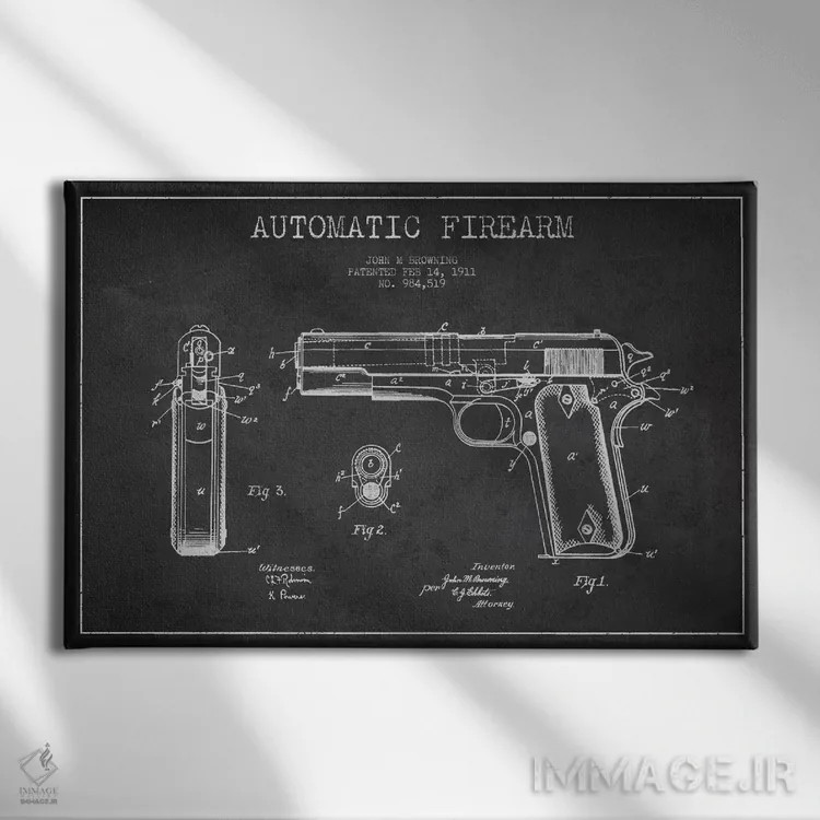 تابلو نقشهٔ ثبت اختراع سلاح خودکار ذغالی اثر پیکسل کهنه (استودیو/نام هنری) - نمای روبهرو روی دیوار