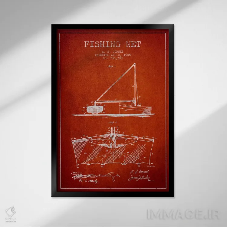 تابلو نقشهٔ ثبت اختراع تور ماهیگیری قرمز اثر پیکسل کهنه (استودیو/نام هنری) - نمای قابدار مشکی