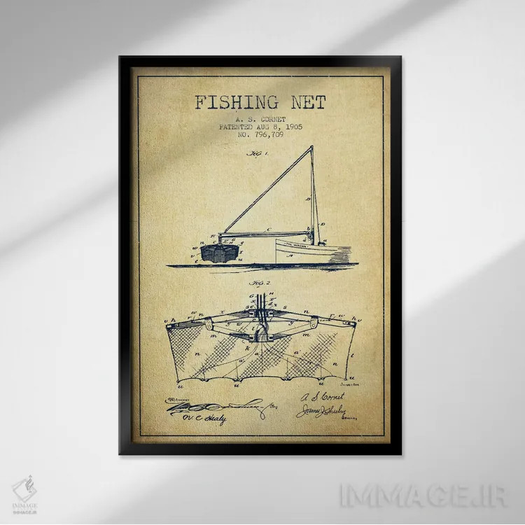 تابلو نقشهٔ ثبت اختراع تور ماهیگیری قدیمی اثر پیکسل کهنه (استودیو/نام هنری) - نمای قابدار مشکی