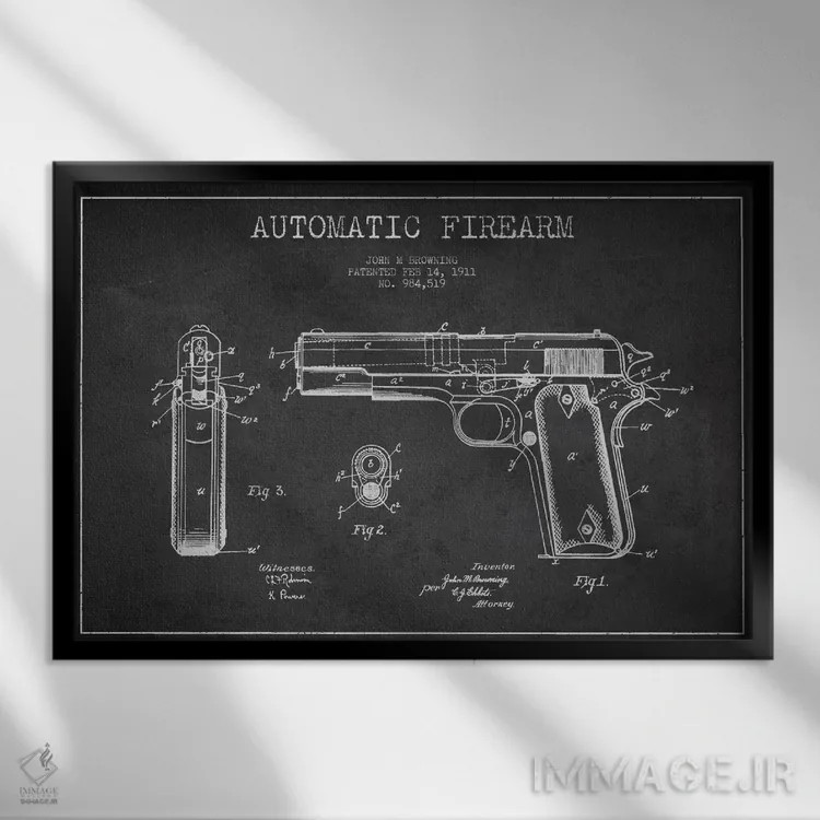 تابلو نقشهٔ ثبت اختراع سلاح خودکار ذغالی اثر پیکسل کهنه (استودیو/نام هنری) - نمای قابدار مشکی