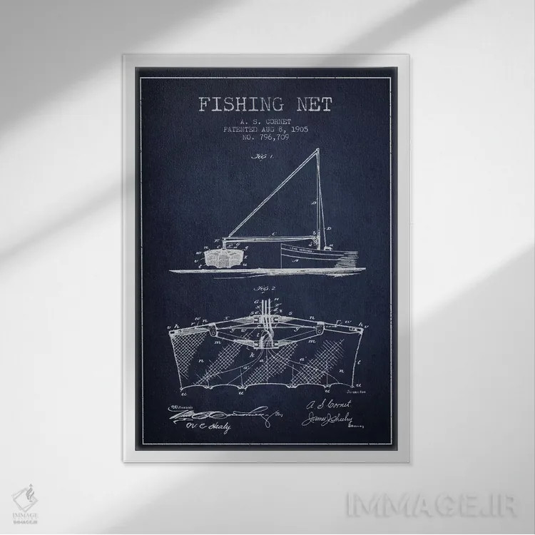 تابلو نقشهٔ ثبت اختراع تور ماهیگیری سرمهای اثر پیکسل کهنه (استودیو/نام هنری) - نمای قابدار سفید