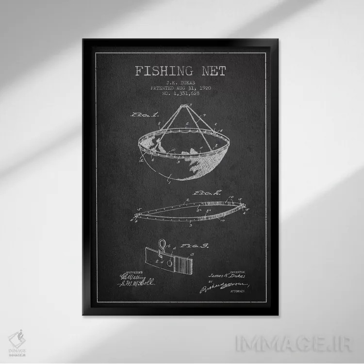 تابلو نقشهٔ ثبت اختراع تور ماهیگیری ذغالی اثر پیکسل کهنه (استودیو/نام هنری) - نمای قابدار مشکی