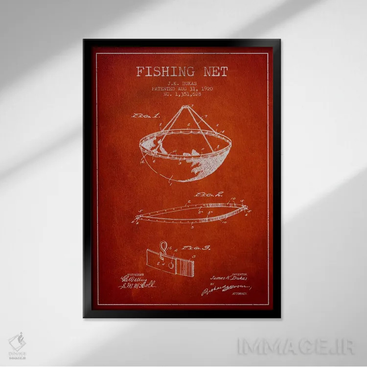تابلو نقشهٔ ثبت اختراع تور ماهیگیری قرمز اثر پیکسل کهنه (استودیو/نام هنری) - نمای قابدار مشکی