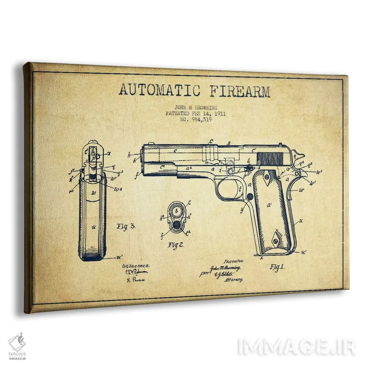 تابلو نقشهٔ ثبت اختراع سلاح خودکار قدیمی اثر پیکسل کهنه (استودیو/نام هنری) - نمای پرسپکتیو محصول