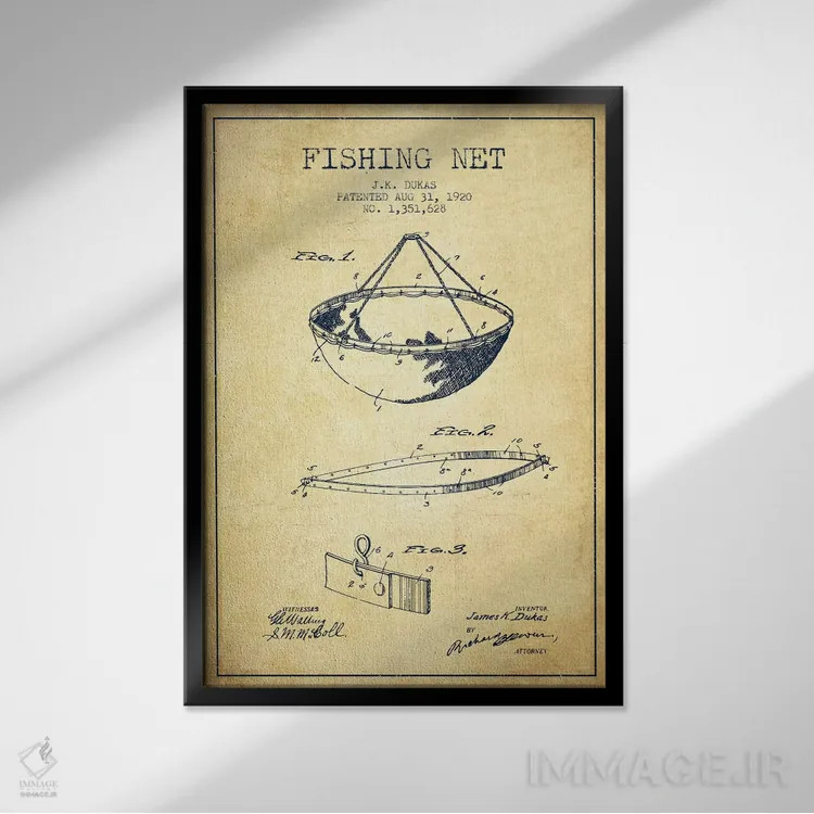 تابلو نقشهٔ ثبت اختراع تور ماهیگیری قدیمی اثر پیکسل کهنه (استودیو/نام هنری) - نمای قابدار مشکی