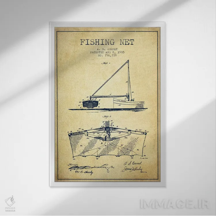 تابلو نقشهٔ ثبت اختراع تور ماهیگیری قدیمی اثر پیکسل کهنه (استودیو/نام هنری) - نمای قابدار سفید