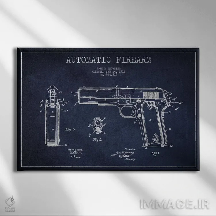 تابلو نقشهٔ ثبت اختراع سلاح خودکار سرمهای اثر پیکسل کهنه (استودیو/نام هنری) - نمای روبهرو روی دیوار