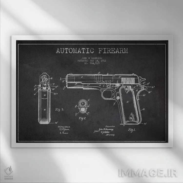 تابلو نقشهٔ ثبت اختراع سلاح خودکار ذغالی اثر پیکسل کهنه (استودیو/نام هنری) - نمای قابدار سفید