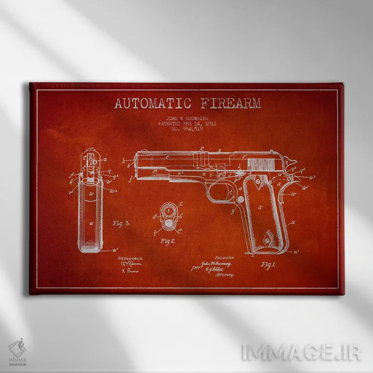 تابلو نقشهٔ ثبت اختراع سلاح خودکار قرمز اثر پیکسل کهنه (استودیو/نام هنری) - نمای روبهرو روی دیوار