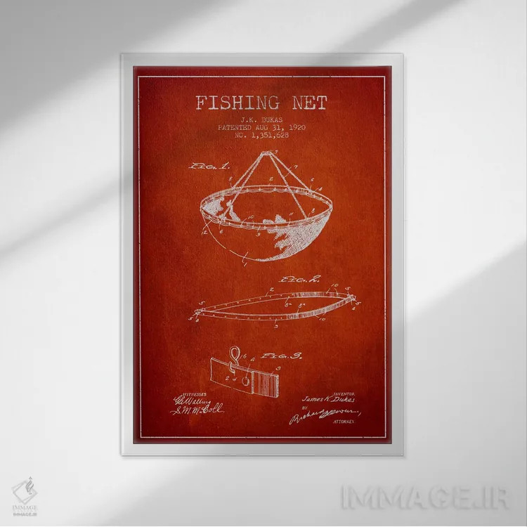 تابلو نقشهٔ ثبت اختراع تور ماهیگیری قرمز اثر پیکسل کهنه (استودیو/نام هنری) - نمای قابدار سفید